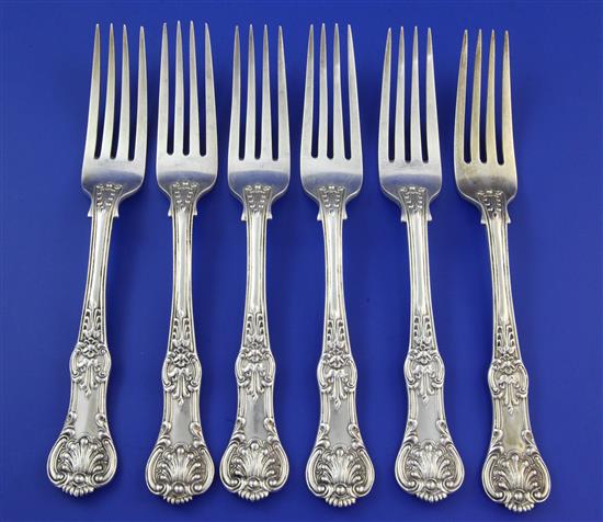 A set of six Victorian silver Queens pattern double struck table forks, 20 oz.